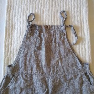Flax Linen Bib Overalls L navy/white stripe